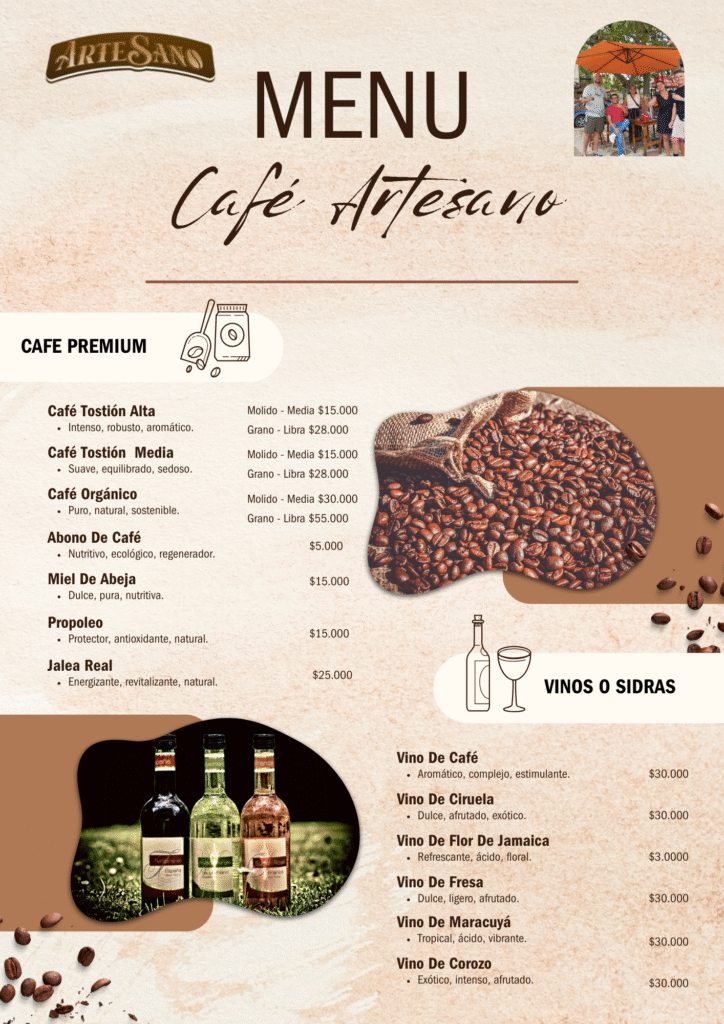 Menú de productos Café artesano